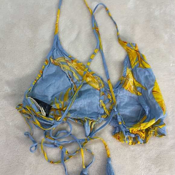 Molly Green Blue Yellow Tropical Floral Ruffle Triangle Top 100% Rayon Women's M - Picture 8 of 12